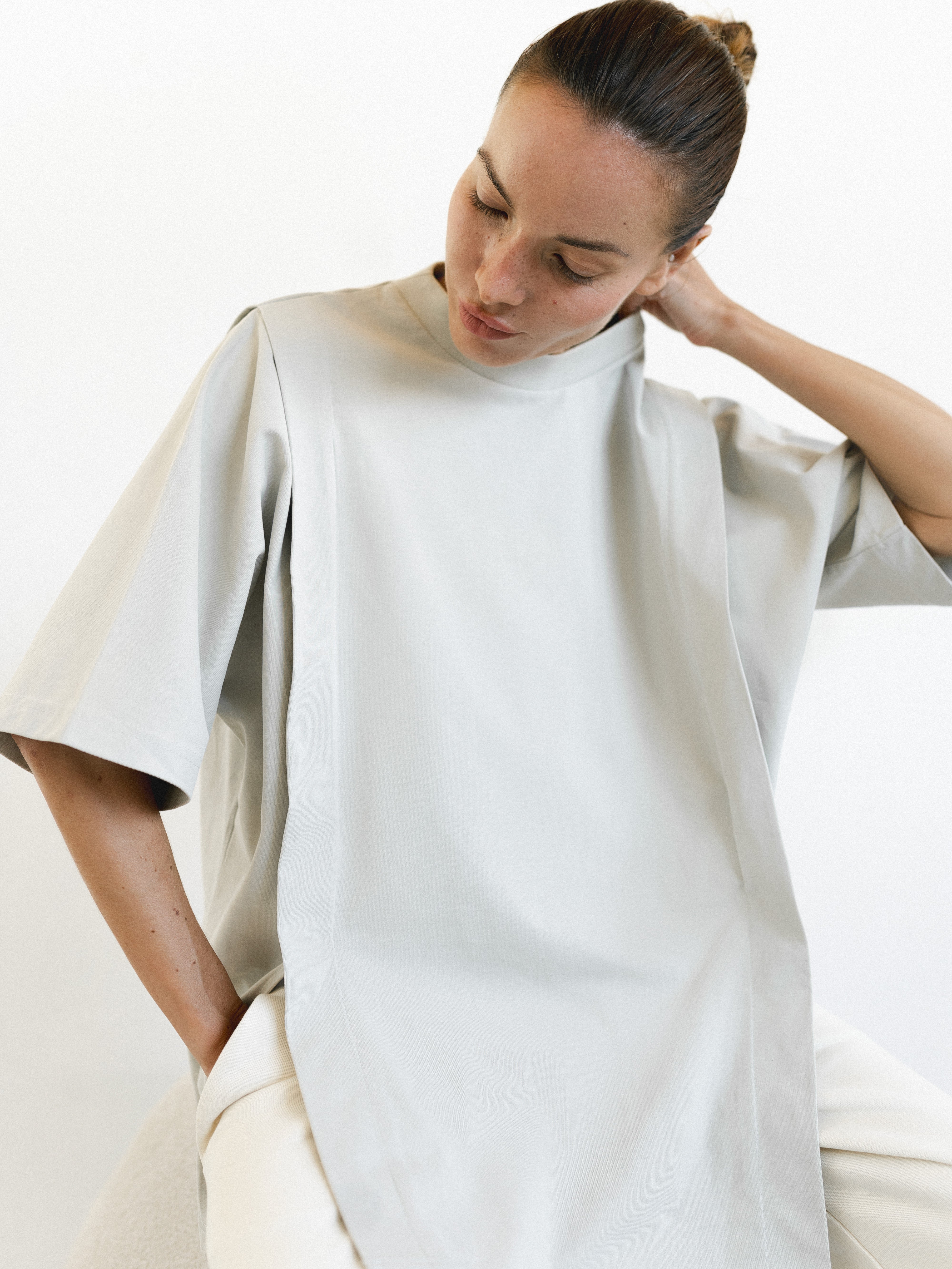 Front view of The Ultimate Tee in Dawn, a versatile maternity and nursing wear piece made from heavyweight 100% cotton, featuring a relaxed fit and discreet nursing access | amama.shop